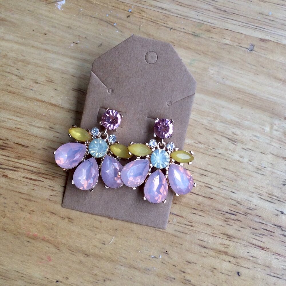 Multi-Stone Rhinestone Dangle Earrings – Pink, Orange & Yellow